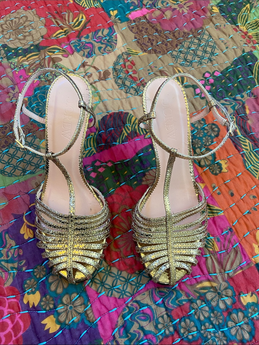 J. Crew Metallic Gold Strappy T‑Bar Heels